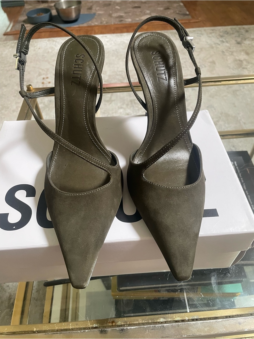 Alira Olive Green Pointed-Toe Suede Slingback Heels